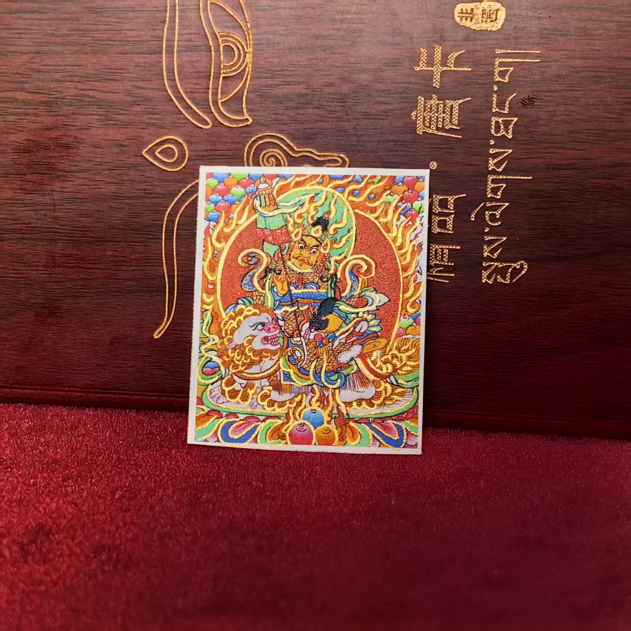 財寶天王唐卡 多聞天王騎獅持寶傘 招財護法多聞天王隨身唐卡藏式 財寶天王唐卡畫芯